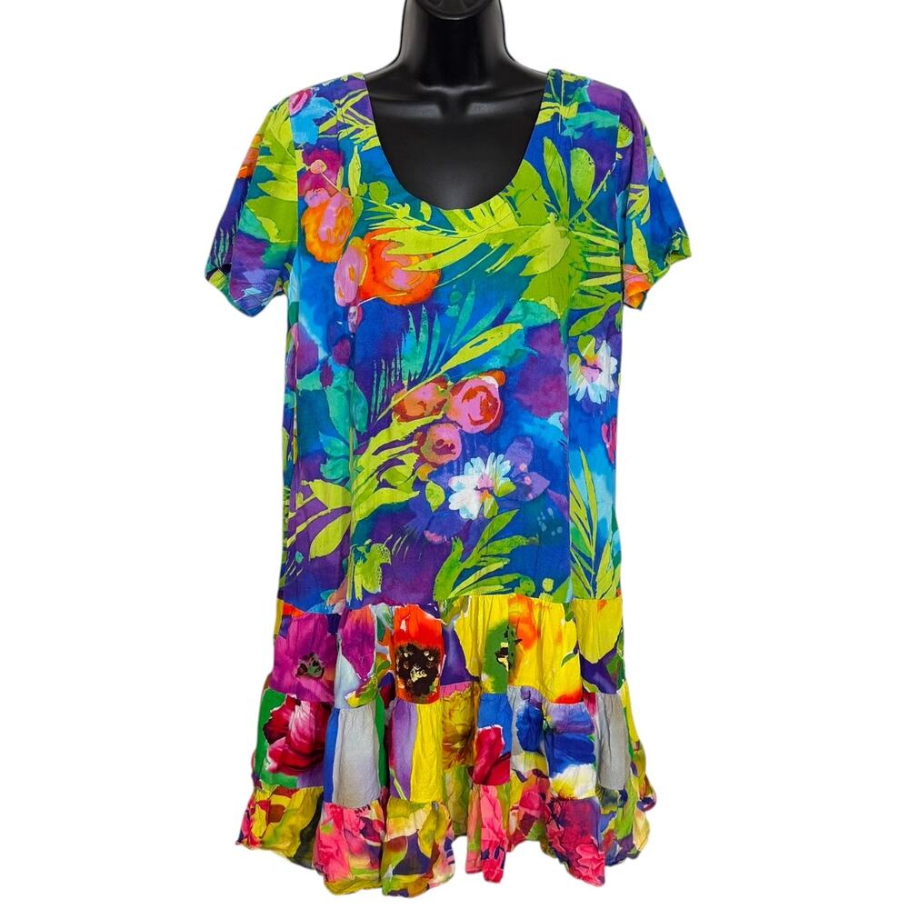 Vintage Jams World Hattie Dress L Watercolor Floral Tier Ruffle Drop Waist Boho